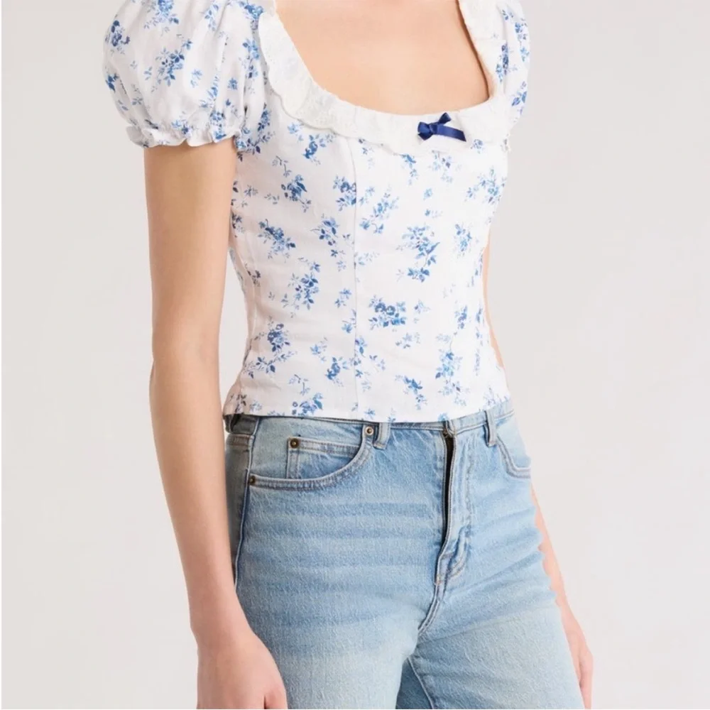 NEW Reformation Alice Lace Trim Puff Sleeve Crop Top Size 2